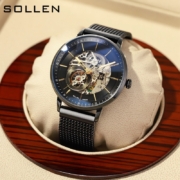 梭伦（SOLLEN）手表男士双面镂空全自动机械表防水夜光超薄精钢时尚学生腕表送男友七夕情人节生日礼物 【蓝光镜面+超强防水】炫黑金【明星代言】