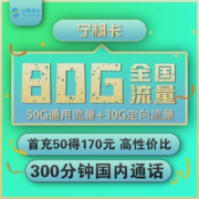 中国移动 手机卡流量卡上网卡学生校园卡全国通用不限速畅享花卡青春青享卡新青卡 宁枫卡 19包80G全国流量 300分钟通话