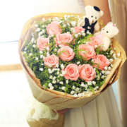 I'M HUA HUA 鲜花速递红玫瑰花送鲜花礼盒预定同城配送生日礼物女生老婆全国送花北京上海广州 11朵粉玫瑰花束+两小熊