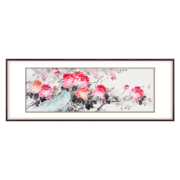 【手绘真迹】弘舍  新中式客厅装饰画沙发背景墙挂画壁画国画牡丹  富贵图 雅致胡桃 成品尺寸 宽210*高80cm