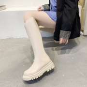 圆头厚底后拉链骑士靴女V口显瘦粗腿大筒围不过膝长靴胖mm高筒靴