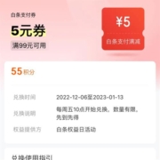 京东 领满99-5元 白条支付券 需55积分兑换