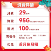 中国电信 手机卡纯流量卡电话卡全国通用5G低月租校园卡不限速号码卡 迎春卡29元月租95G+100分钟通话-YCK