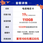中国电信 电信流量卡5G纯上网卡手机卡号码卡不限速低月租电信星卡全国通用电话卡 梅花卡19元月租110G+100分钟-LZK