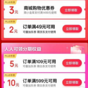 PLUS会员：京东 满49-2元支付券 满109-5/599-10元 等白条卷