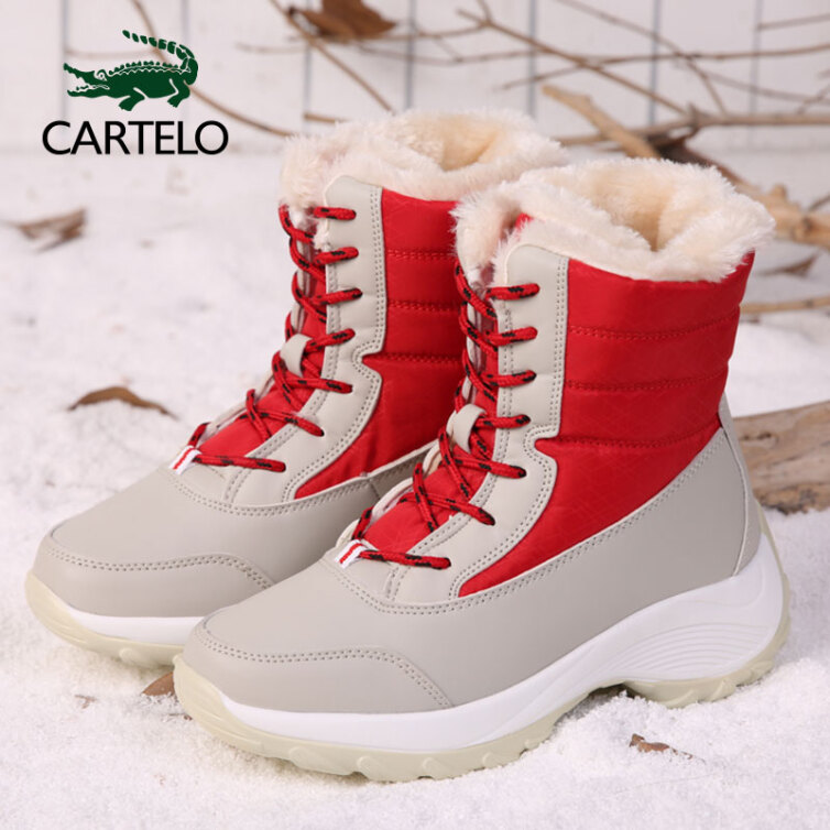 CARTELO 卡帝乐鳄鱼 女靴子韩版保暖雪地靴女高帮学生防水女士棉鞋加绒加厚鞋 KDLJJ-1617 米红 42/260(1.5)