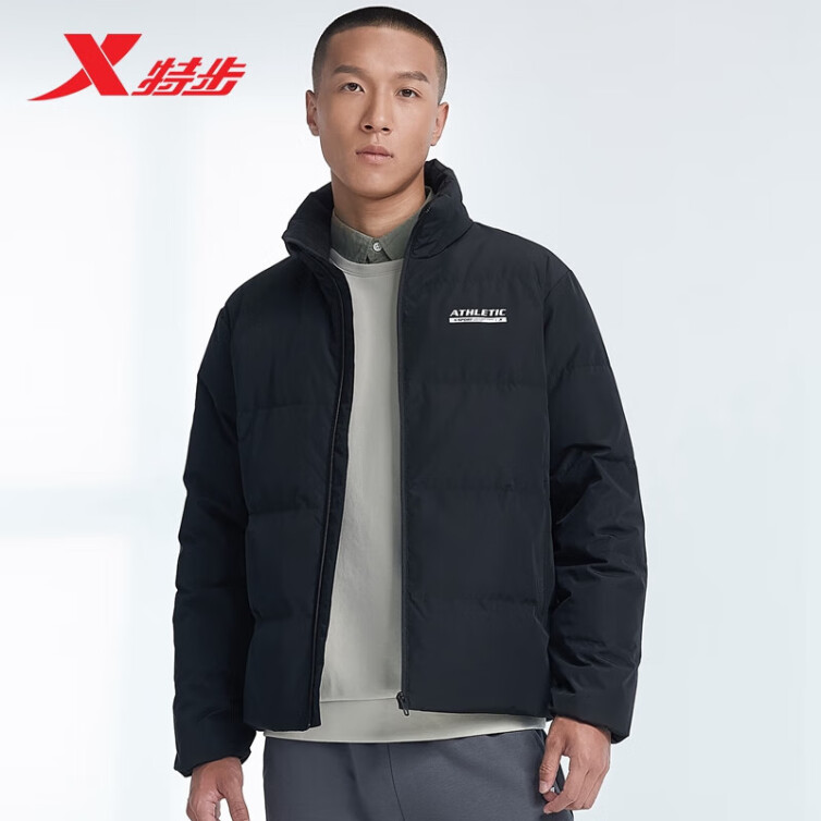 特步立领羽绒服男2022秋冬防风外套鸭绒保暖短款棉衣宽松上衣878429190054 正黑色 L