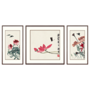 弘舍 新中式客厅装饰画沙发背景墙三联挂画中堂壁画荷花国画字画原作版画 齐白石 荷气生财 雅致胡桃 成品组合尺寸： 宽200*高80cm*3