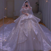 南糖三色 主婚纱礼服新款气质拖尾新娘结婚公主森系梦幻仙女范小个子一字肩2021 香槟色齐地款 L