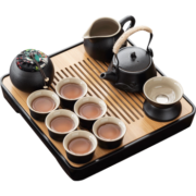 京东京造 功夫茶具套装家用简约办公家用茶盘泡茶台 黑陶提梁壶茶具12件套