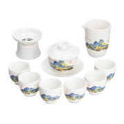 金镶玉 功夫茶具套装 家用过节生日送礼品福利盒 陶瓷羊脂玉瓷 千里江山茶具