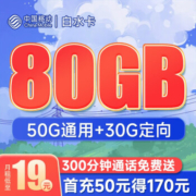 China Mobile 中国移动 白水卡 19元月租 80G全国流量+300分钟通话