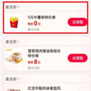 限用户：支付宝 消费券搜麦当劳 领0元中薯券