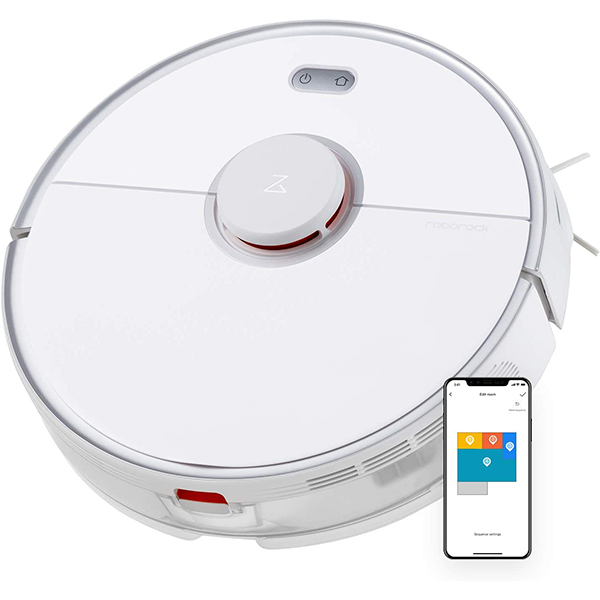 roborock S5 Max 扫地机器人带擦拭功能,吸尘器机器人带电动水箱,APP控制,擦拭锁定区,用于动物毛发、地毯和硬地板的激光导航(白色)