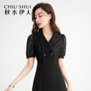 秋水伊人洋气西装连衣裙女夏季2022新款女装蕾丝收腰小黑裙设计感 黑色 S