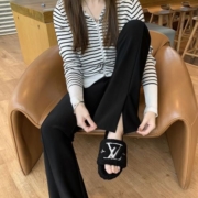 2023年新款开叉裤女微喇叭高腰显瘦新款黑色垂感裤子松紧腰