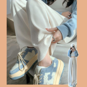 CZ4显瘦阔腿裤女春夏宽松高腰泡芙米粒休闲裤女百搭垂坠感直筒长