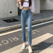 2023年春秋新款弹力显瘦烟管小个子直筒宽松高腰牛仔裤女加绒秋冬