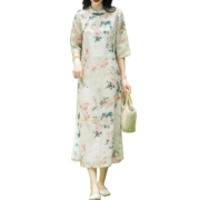 子牧棉麻2023夏装 女文艺复古立领斜襟盘扣百搭七分袖印花连衣裙2121 花色 M(建议90-115斤)