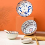 共禾京品 日式手绘萝卜墩墩釉下彩碗碟6件套