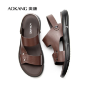 奥康（Aokang）夏款休闲透气男士拖鞋头层牛皮沙滩鞋舒适两穿潮流凉拖后跟可调节 褐色1233721071 40
