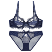 Glambody欧美超薄大码文胸套装性感诱惑透气蕾丝内衣W1707 蓝色 75B