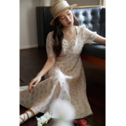 独束大码女装法式复古方领碎花连衣裙夏季微胖mm浪漫玫瑰氛围感公主裙 米底紫花 XL