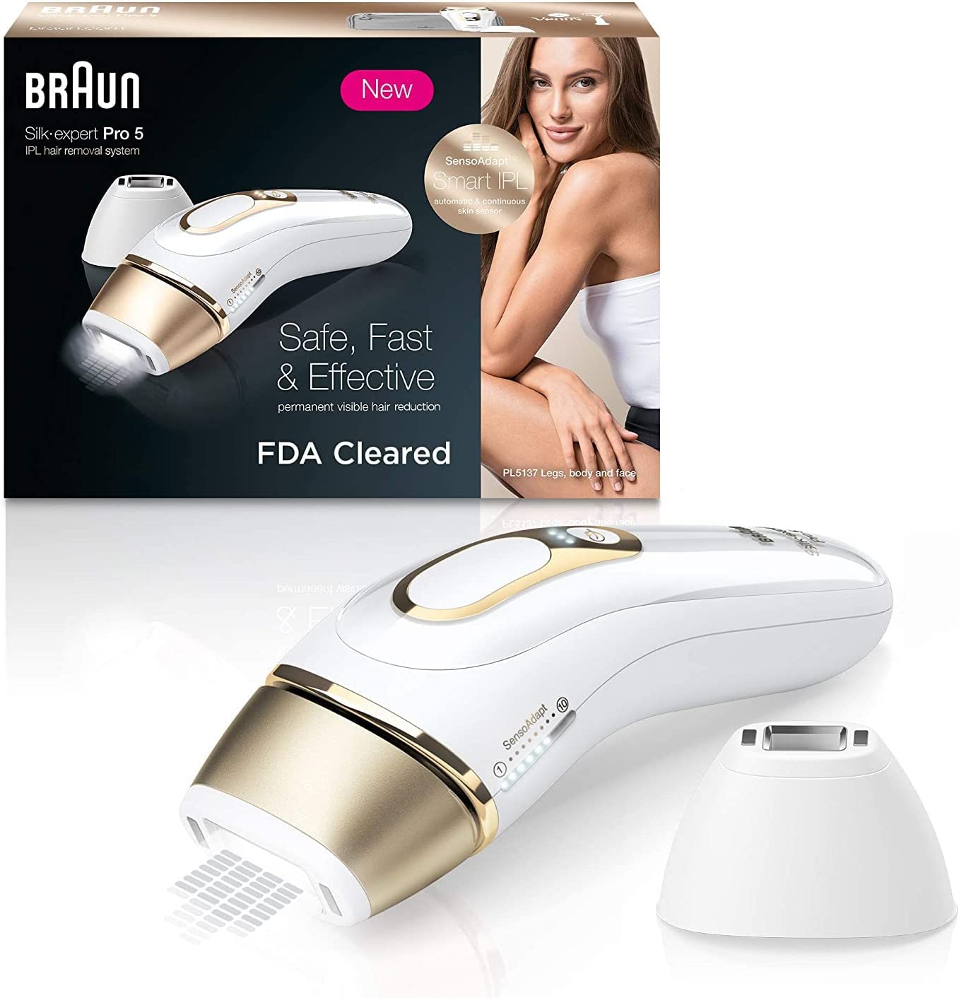 Braun 博朗 Silk-Expert Pro 5 PL5137 IPL 褪毛仪(永久褪毛)，面体双用，精密附件，适用于敏感区，400000光脉冲，白/金