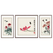 弘舍新中式客厅装饰画沙发背景墙三联挂画中堂壁画荷花国画 荷气生财 雅致胡桃 成品组合尺寸： 宽200*高80cm*3