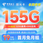 CHINA TELECOM 中国电信 长期阳光卡 19元月租（155G全国流量+100分钟）长期套餐 激活赠送30元