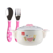 gb好孩子儿童餐具不锈钢碗宝宝防摔碗辅食碗勺叉套装 注水保温碗3件套 白色