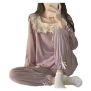曼宝柔睡衣女春季休闲可爱双长花边领家居服套装可外穿 杏色 L