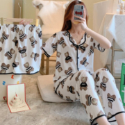 Q新款睡衣女夏三件套韩版宽松拉边可爱少女心家居服夏季薄款