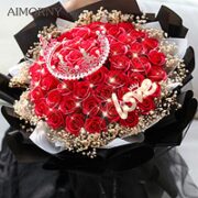 AIMORNY 爱梦妮 52朵红玫瑰香皂花永生满天星花束