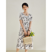 自巧（ZIQIAO）小个子海边度假两穿碎花连衣裙女2023夏季新款宽松水墨长裙子 落日黄碎花 2【151-153cm左右参考】