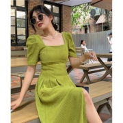 潮版女装2023夏季法式V领碎花泡泡袖别致收腰茶歇裙连衣裙女