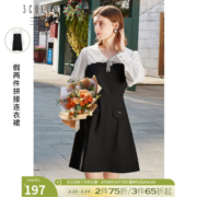 三彩冬季新款假两件拼接气质连衣裙显瘦高腰珠钻蝴蝶结裙女 黑白 155/80A/S