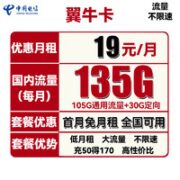 中国电信 翼牛卡 19元月租（135G全国流量）送30话费