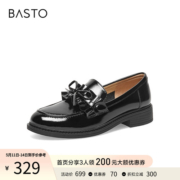 百思图春季春季时尚蝴蝶结圆头乐福鞋小皮鞋女单鞋WWE36AA2