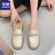 罗蒙2023春季新款纤软皮乐福鞋女圆头粗跟带满水钻新款 米色 35