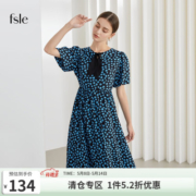 范思蓝恩兔耳朵泡泡袖碎花连衣裙女夏新款法式茶歇裙211569 黑底蓝花 M