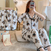 PJZ新款睡衣女夏三件套韩版宽松拉边可爱少女心家居服夏季薄款