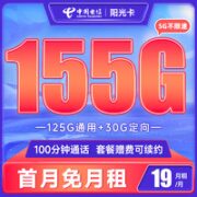 中国电信 长期阳光卡 19元月租（155G全国流量+100分钟通话）送30话费 优惠期12个月