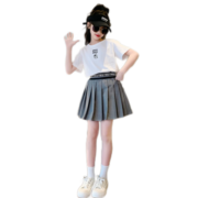 啪吡熊（PAPIBEAR）女童夏装套装2023新款儿童洋气夏季百褶裙子两件套女孩大童装纯棉 白色 120