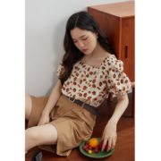 独束大码女装法式甜美印花小衫休闲小众设计感夏季胖mm碎花衬衫女 橘红印花 XL