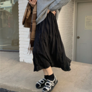 温柔风半身裙女春夏2023新款温柔风洋气高腰压褶A字裙百褶中长裙J