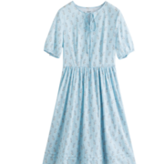 茵曼（INMAN）印花连衣裙女夏季新款泡泡袖显瘦纯棉伞裙子 浅蓝色 L