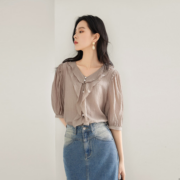 3日10点：DUIBAI 对白 双层荷叶边 女式短袖衬衫 DDH006