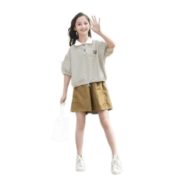 啪吡熊（PAPIBEAR）女童夏季套装2023洋气新款儿童短袖T恤夏装女大童夏款两件套 小熊条纹套装 110