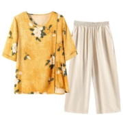 妈妈洋气棉麻上衣服中年女装夏装棉绸短袖T恤中老年夏季纯棉套装